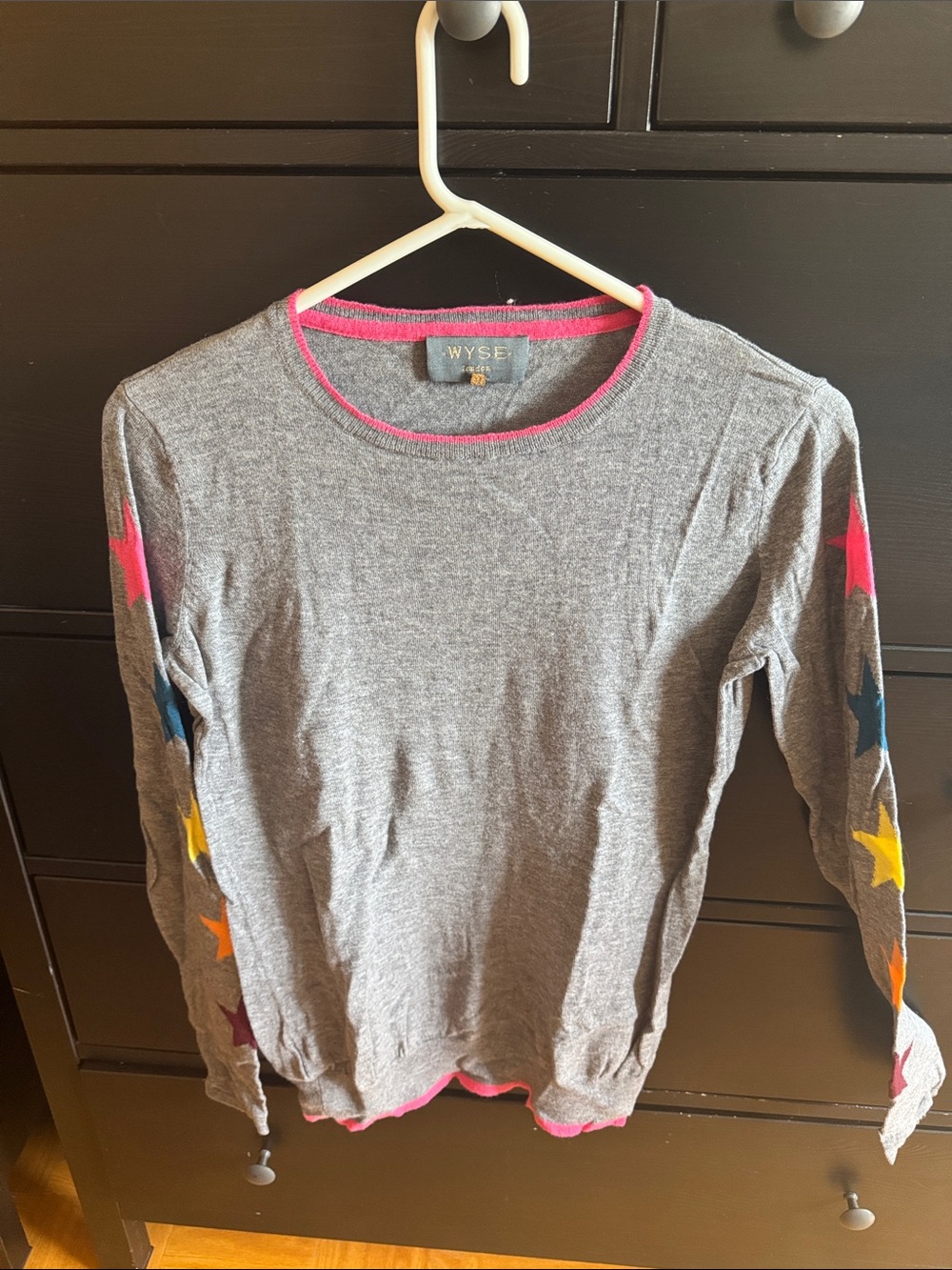 Wyse London Gray Crewneck Sweater with Multicolor Star Sleeves